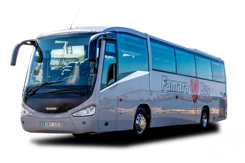 Imagen bus con logo Famara. Bus